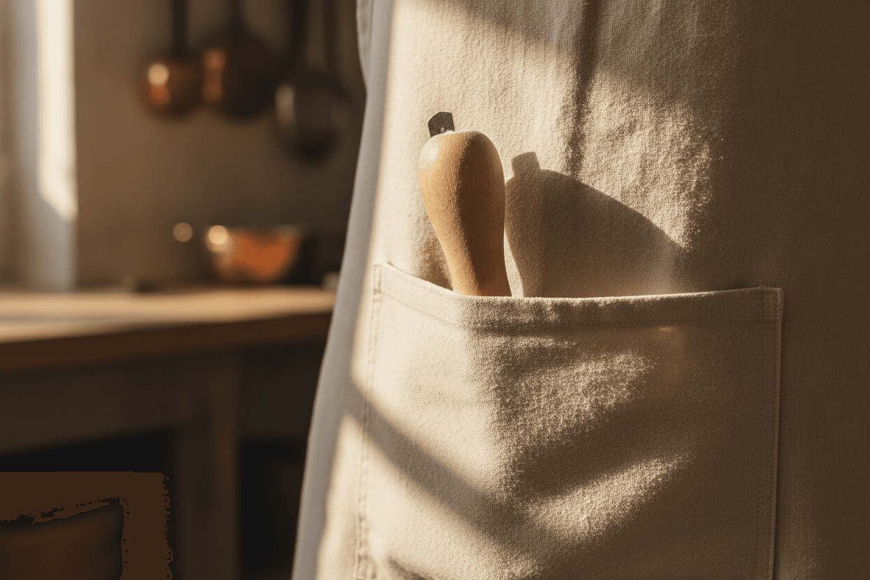 A close-up of a baker's apron pocket dusted with flour