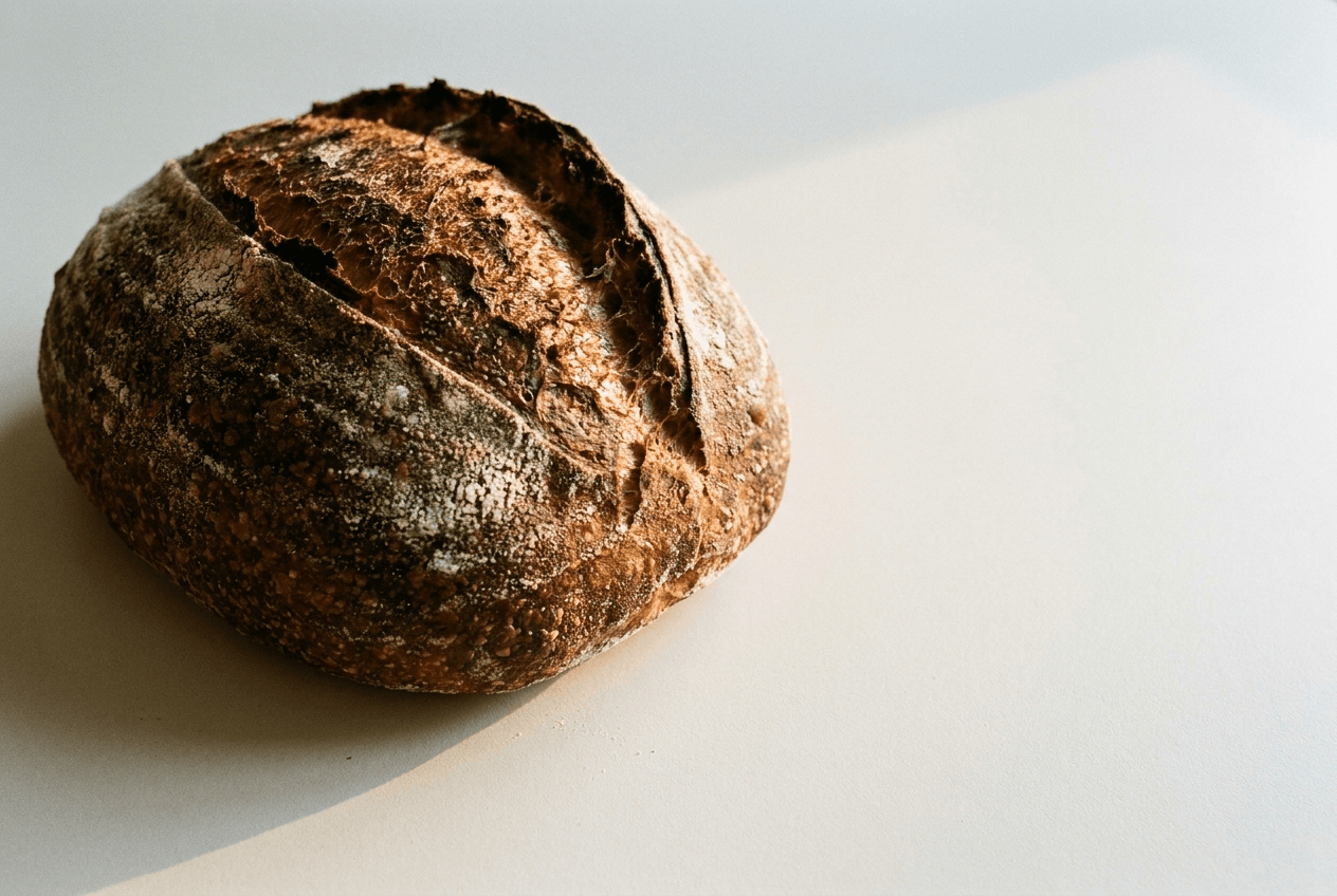 A cooling 72-hour country loaf, dark crust catching low morning light