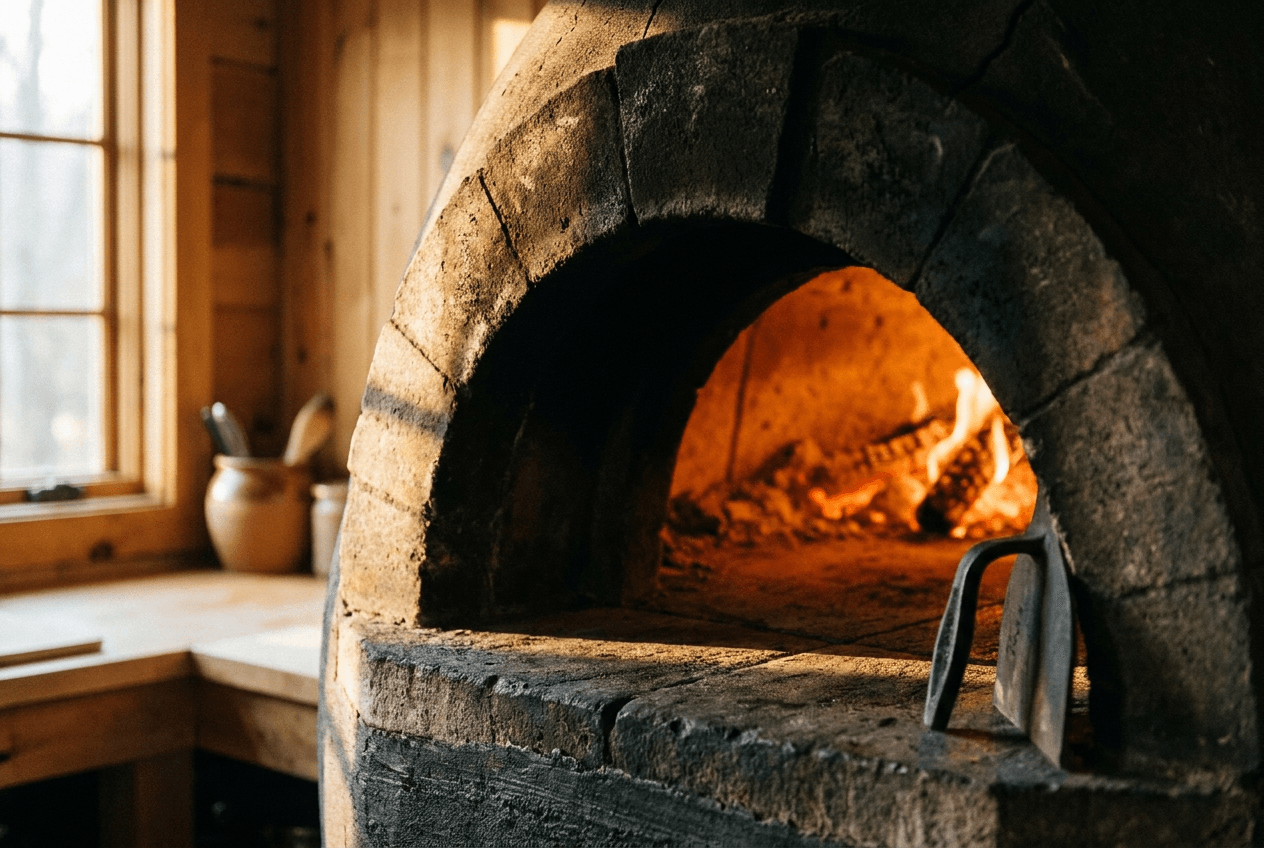 The mouth of a stone deck oven glowing warm inside