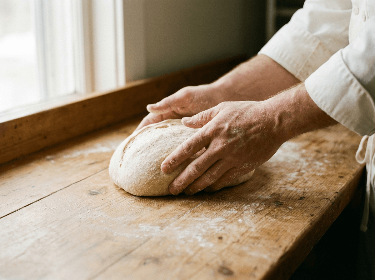 Flour-dusted hands shaping dough on a worn wooden surface